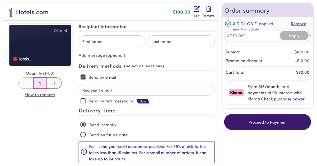 Giftcards.com Hotels.com discount February 2026