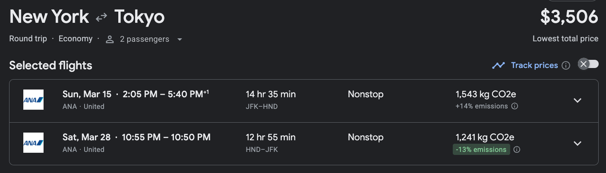 Google Flights ANA JFK HND 2 passengers