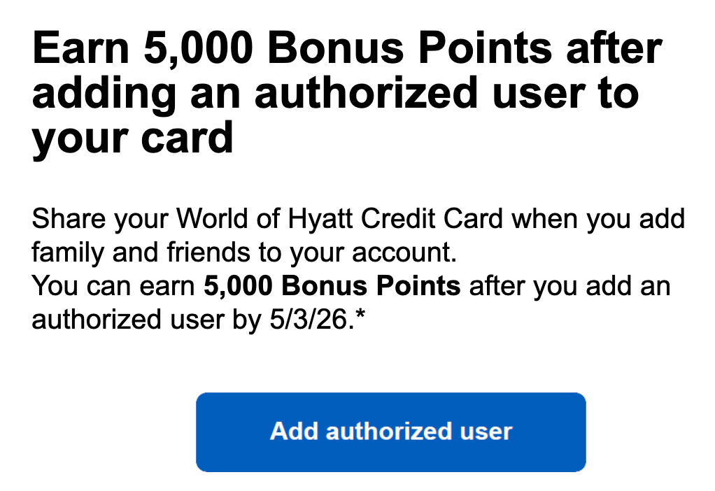 Hyatt bonus points authorized user credit card