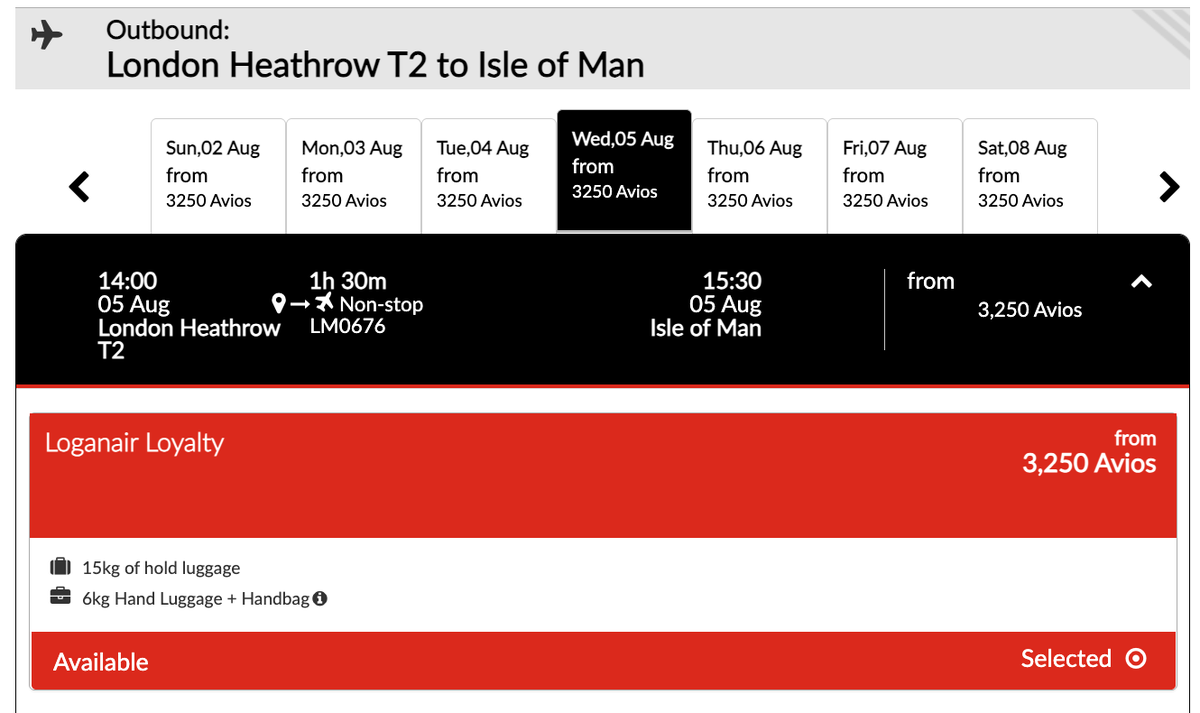 London Heathrow to Isle of Man Avios redemption