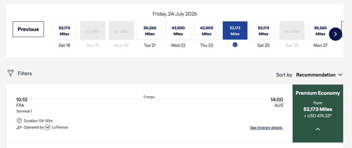 Lufthansa FRA to Austin redemption