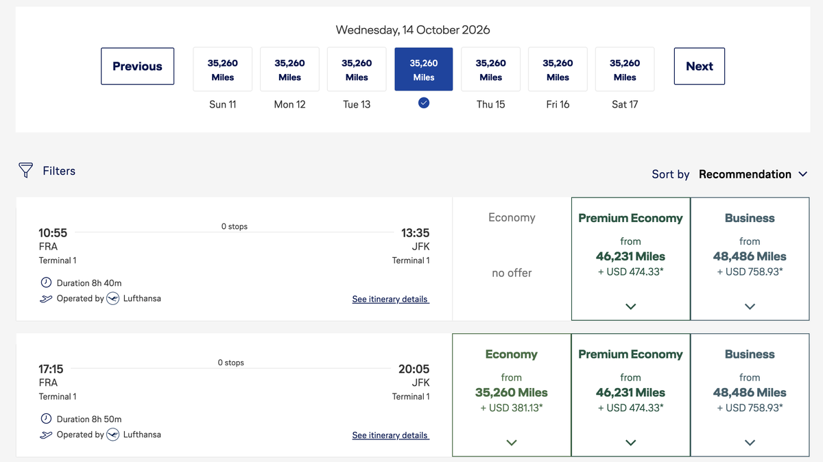 Lufthansa FRA to New York JFK redemption