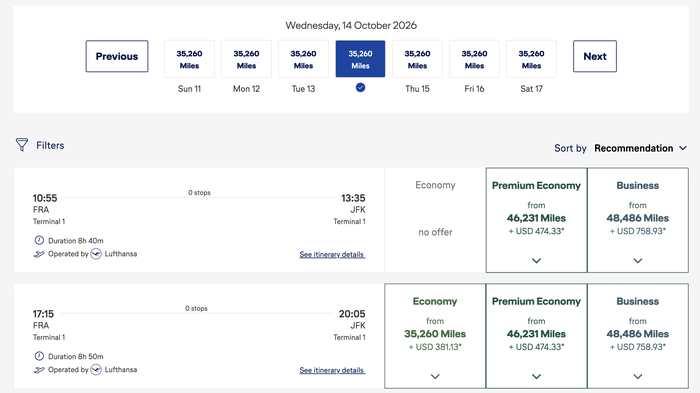 Lufthansa FRA to New York JFK redemption Lufthansa FRA to New York JFK redemption