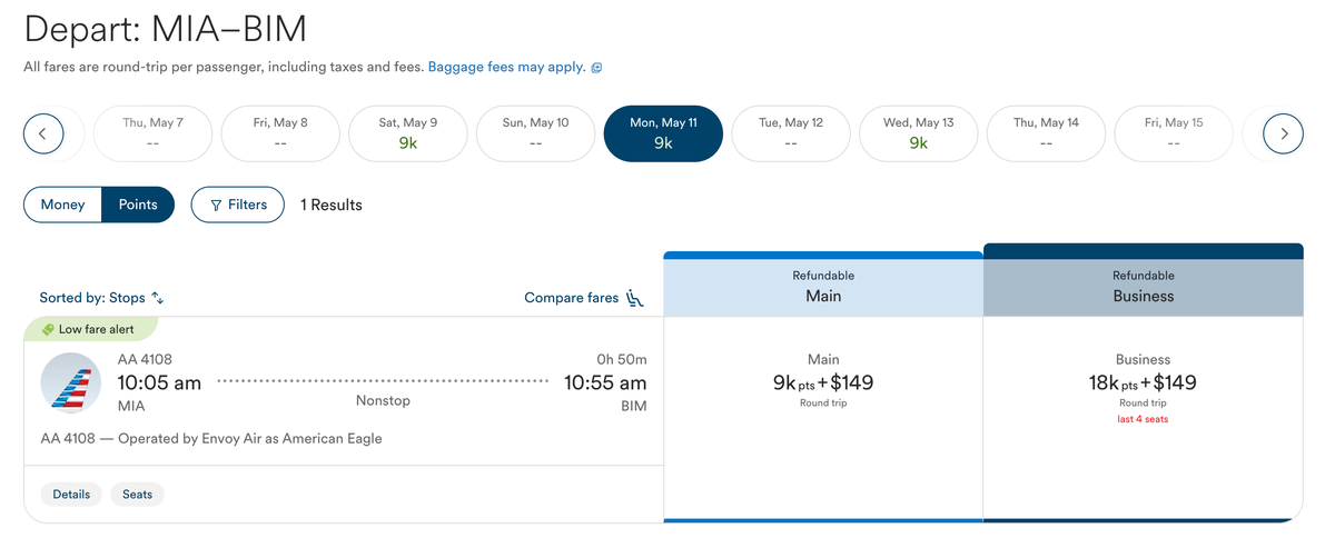 Miami to Bimini flight cost booked through Alaska Atmos