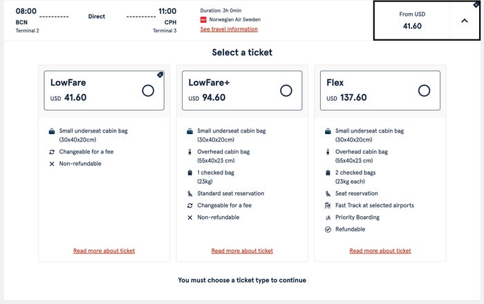 Norwegian fare type comparison BCN-CPH