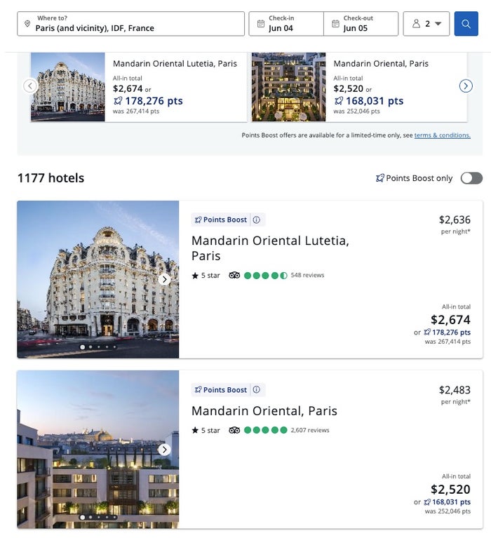 Screenshot Example of Points Boost at Paris hotels