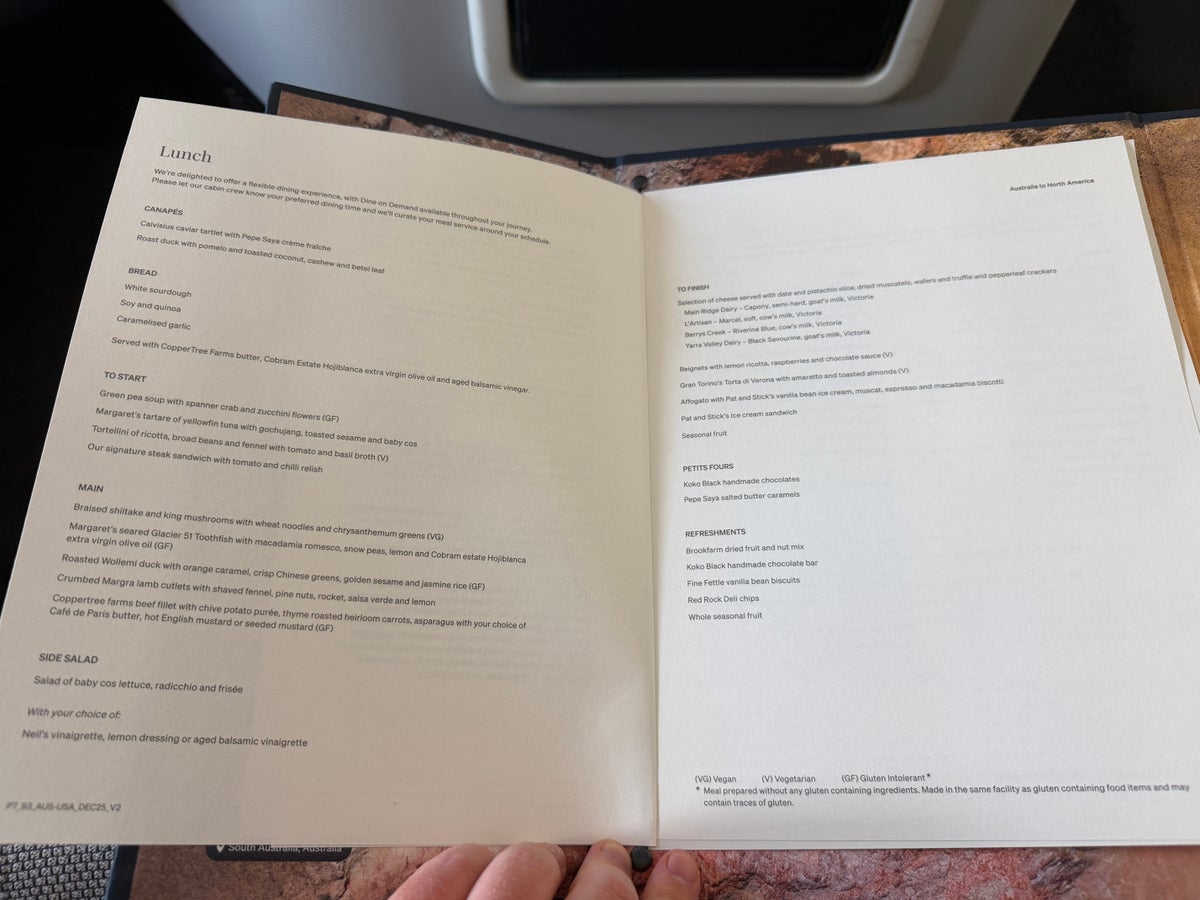 Qantas First Class Menu