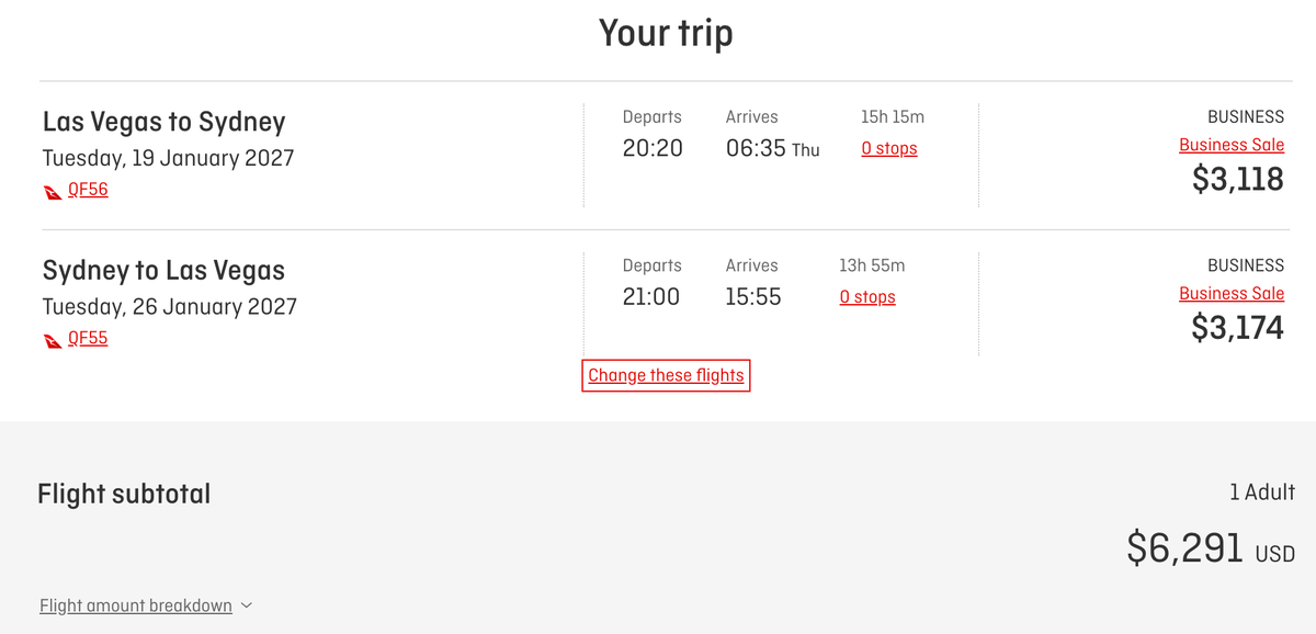 Qantas Las Vegas to Sydney business class
