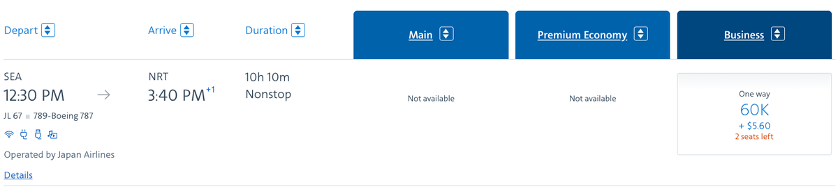 SEA NRT AAdvantage Japan business class 60k