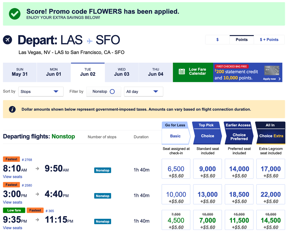SW FLOWERS April 2026 LAS SFO points