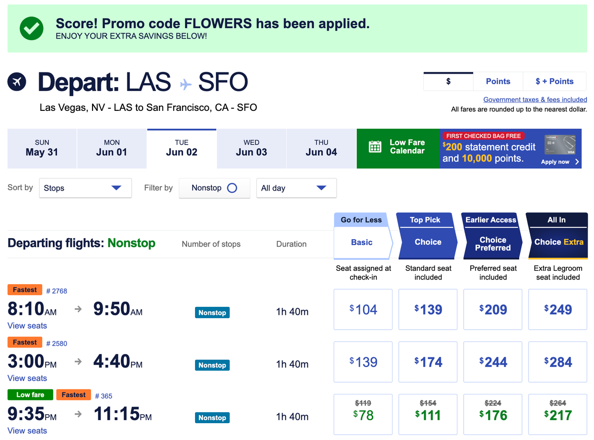 SW FLOWERS April 2026 LAS SFO sale