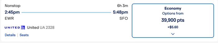 Screenshot 2026 02 26 at 7.13.23 PM United EWR - SFO TrueBlue points