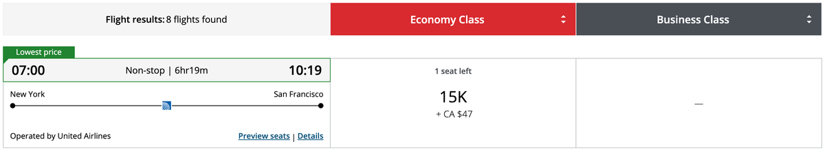 United EWR-SFO Aeroplan pricing