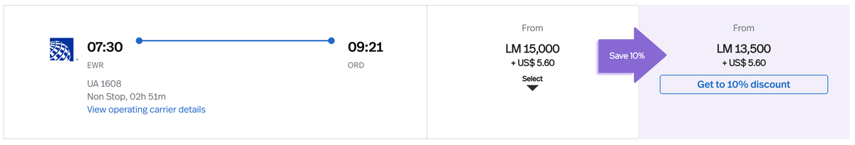 United EWR-ORD Avianca Lifemiles pricing 