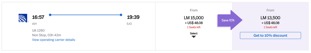 United IAH SJO Lifemiles pricing