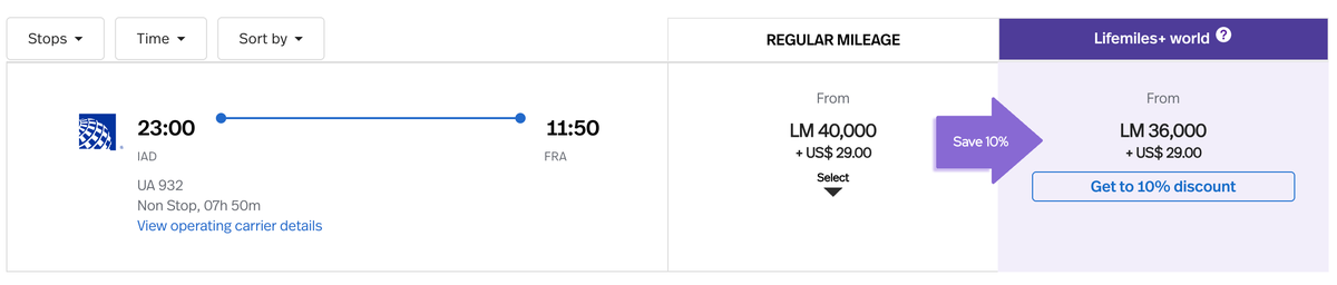 United IAD-FRA Lifemiles pricing