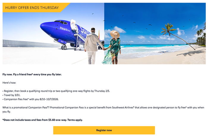 Southwest Companion Pass promotion February 2026