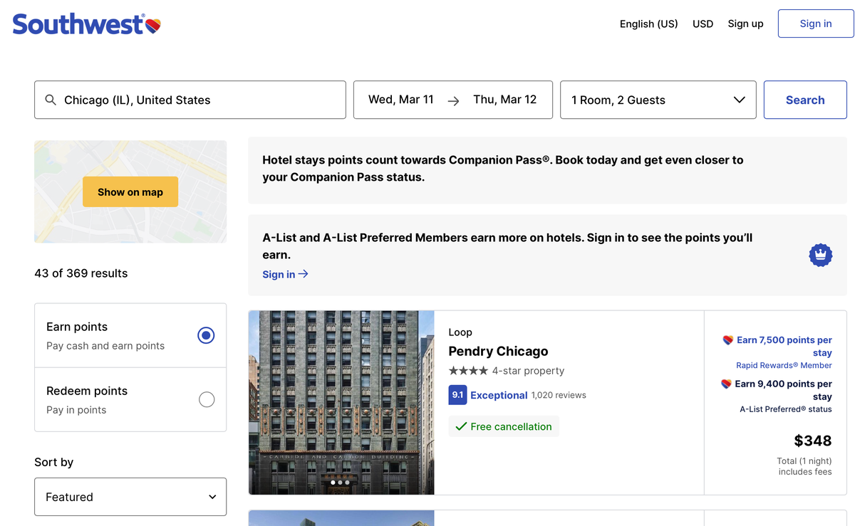 Southwest Hotels search results in Chicago