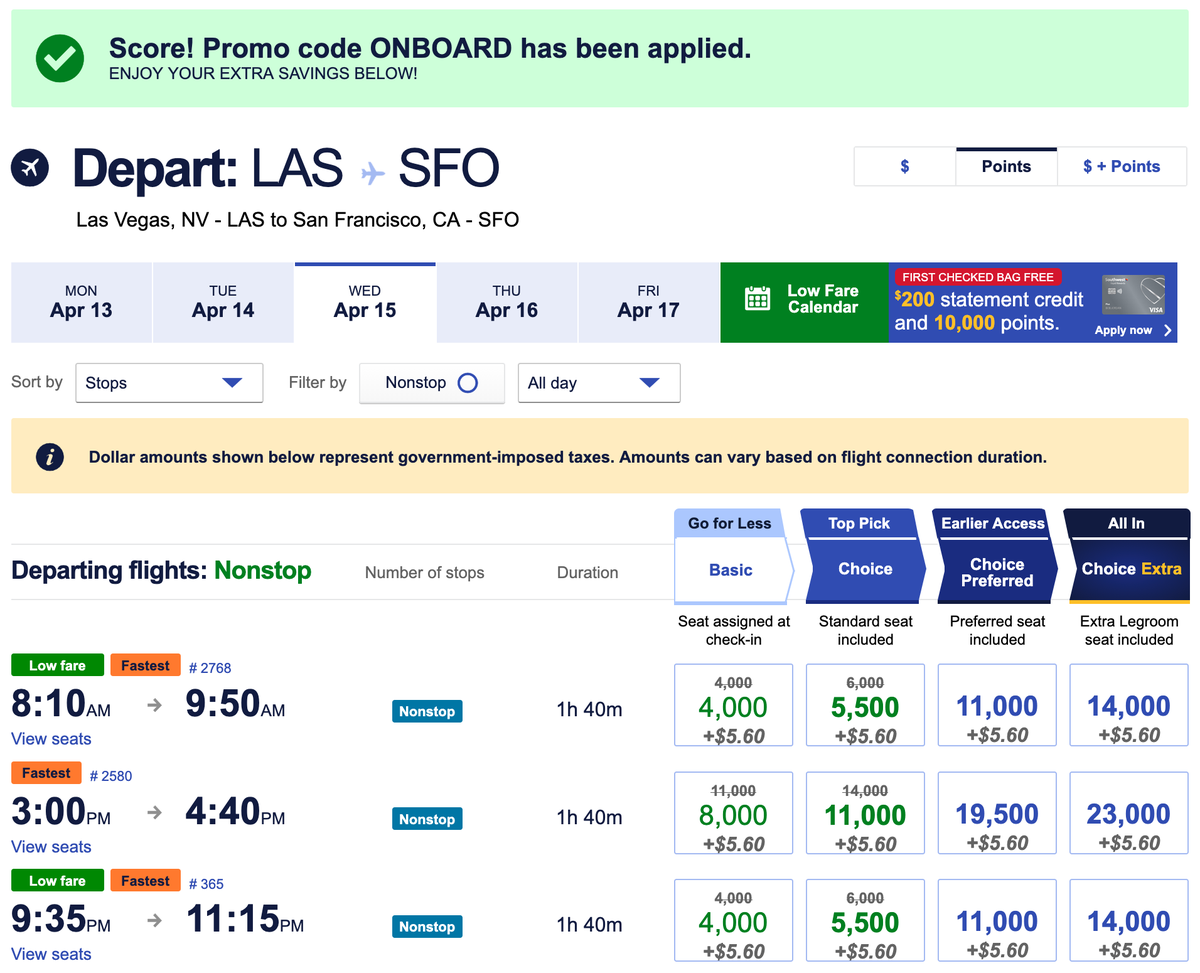Southwest ONBOARD LAS SFO points example Southwest ONBOARD LAS SFO points example