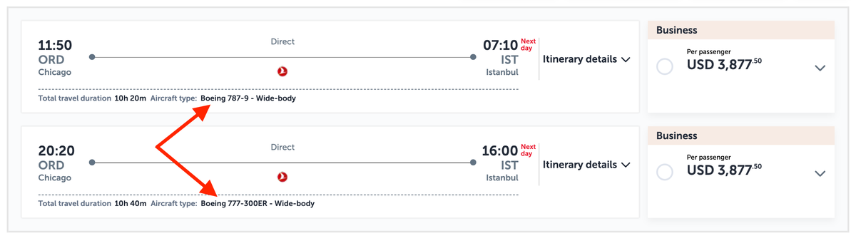 Turkish Airlines flight results plane type