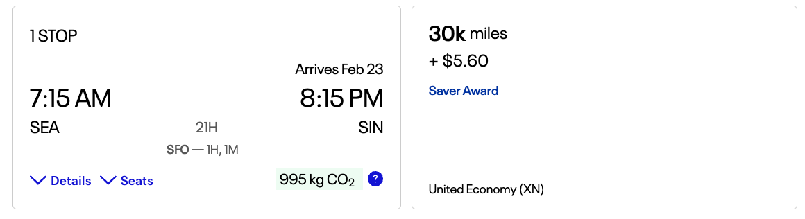 United MileagePlus SEA SIN for 30k United
