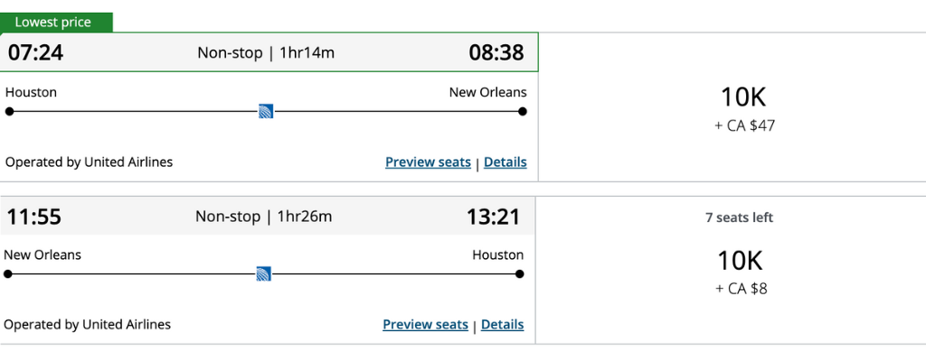 United flights from Houston to New Orleans on Aeroplan United IAH to MSY via Aeroplan