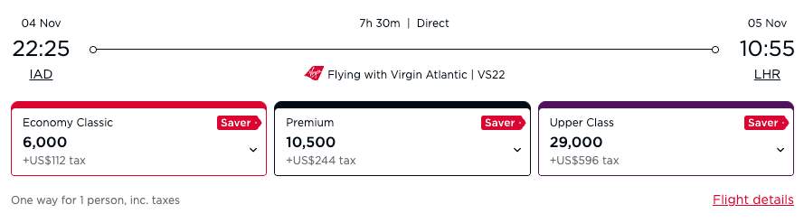 Virgin Atlantic award IAD LHR 29k business