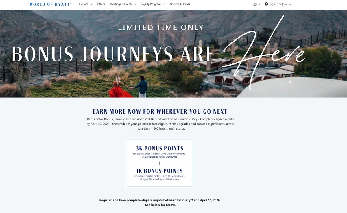 Hyatt bonus journeys landing page