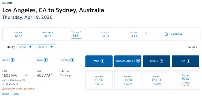 AA LAX SYD business example AA LAX SYD business example