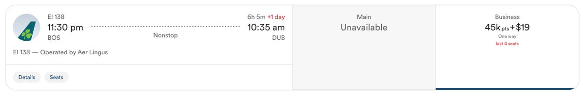 Screenshot Aer Lingus award via Alaska