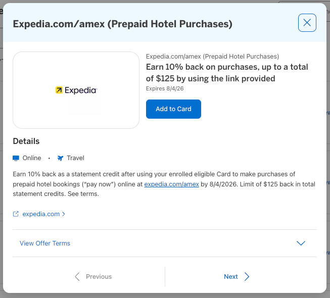 Amex Offer Expedia Hotels May 2026