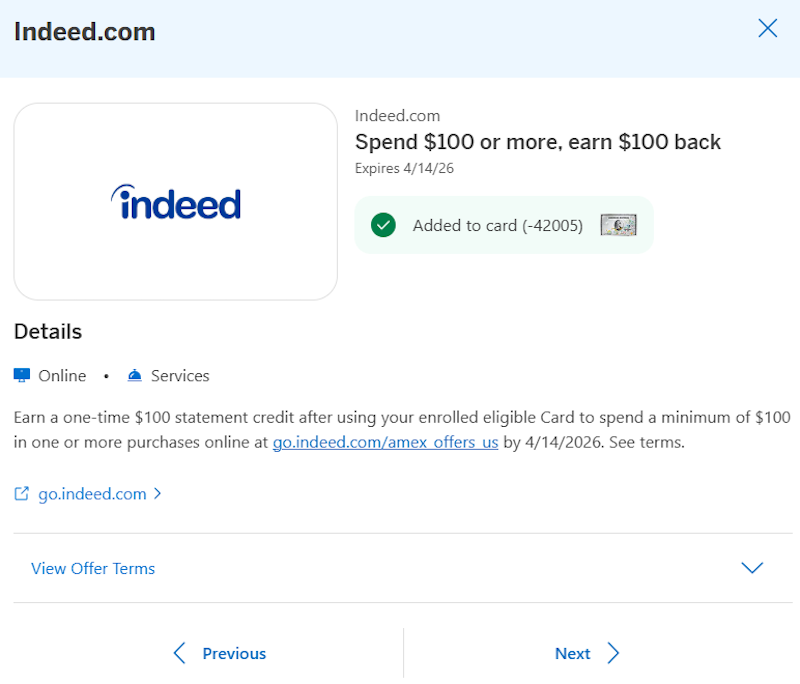 Amex Offer Indeed March 2026 Amex Offer Indeed March 2026