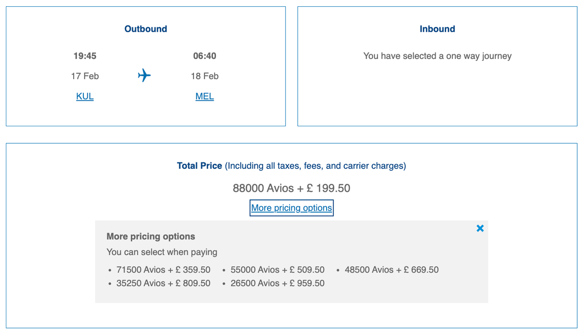 Avios redemption from Kuala Lumpur to Melbourne with British Airways Avios redemption from Kuala Lumpur to Melbourne with British Airways