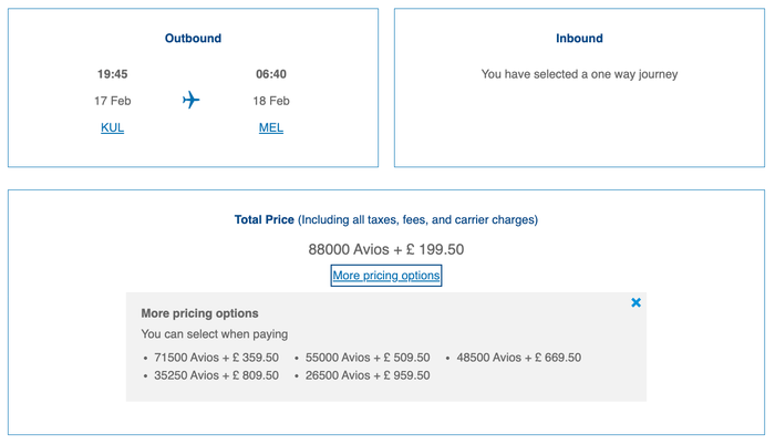 Avios redemption from Kuala Lumpur to Melbourne with British Airways Avios redemption from Kuala Lumpur to Melbourne with British Airways