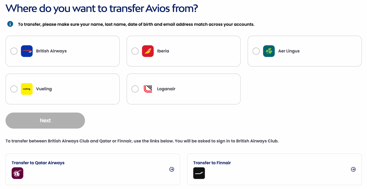 Avios transfer home page Avios transfer home page