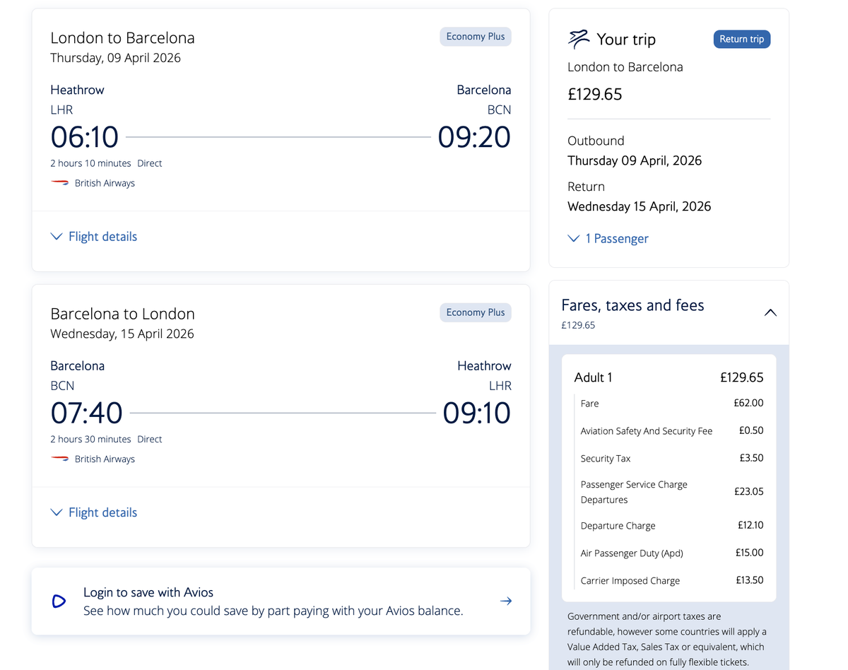 British Airways Economy Plus fare from London to Barcelona
