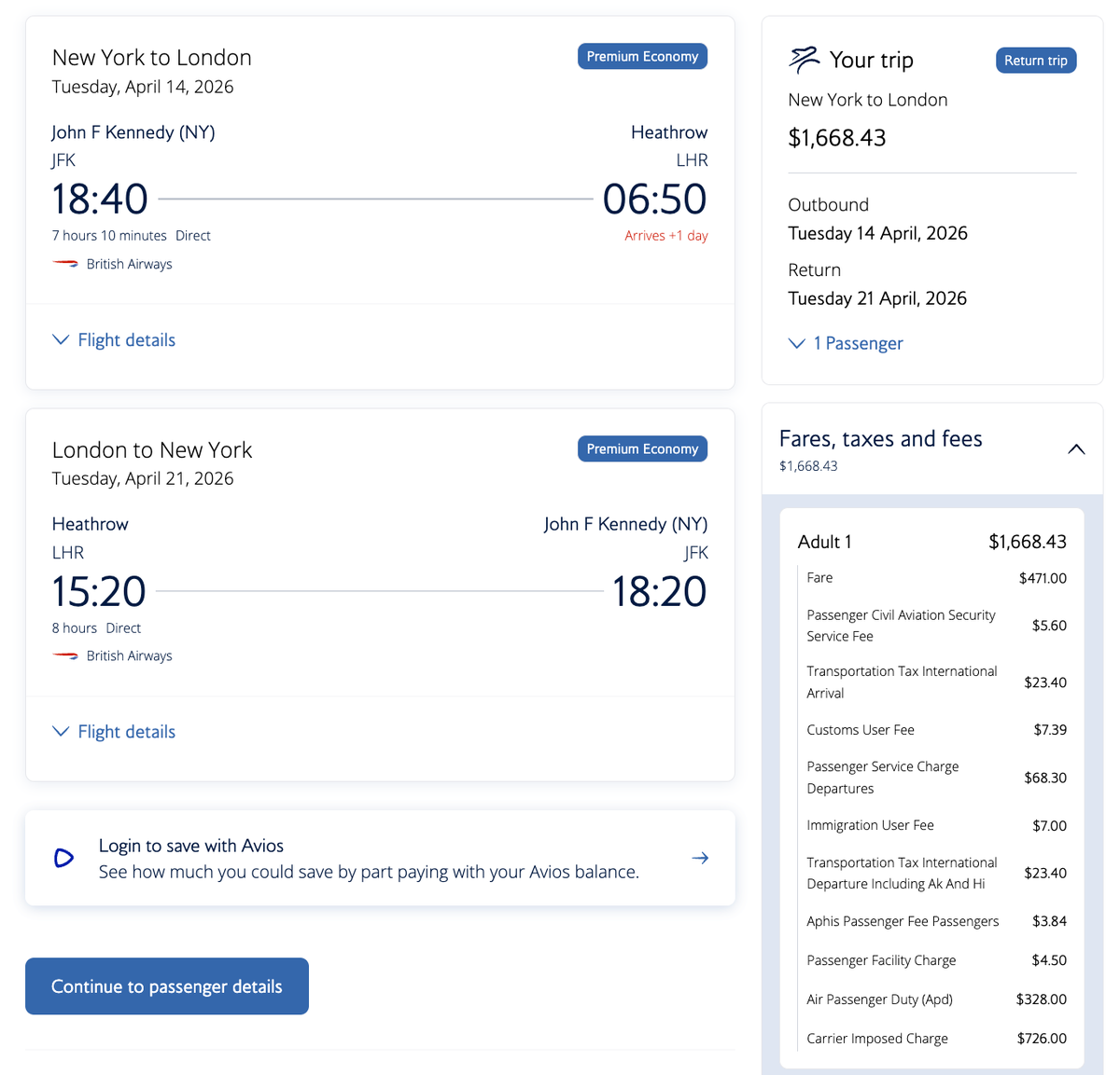 British Airways premium economy fare from New York to London