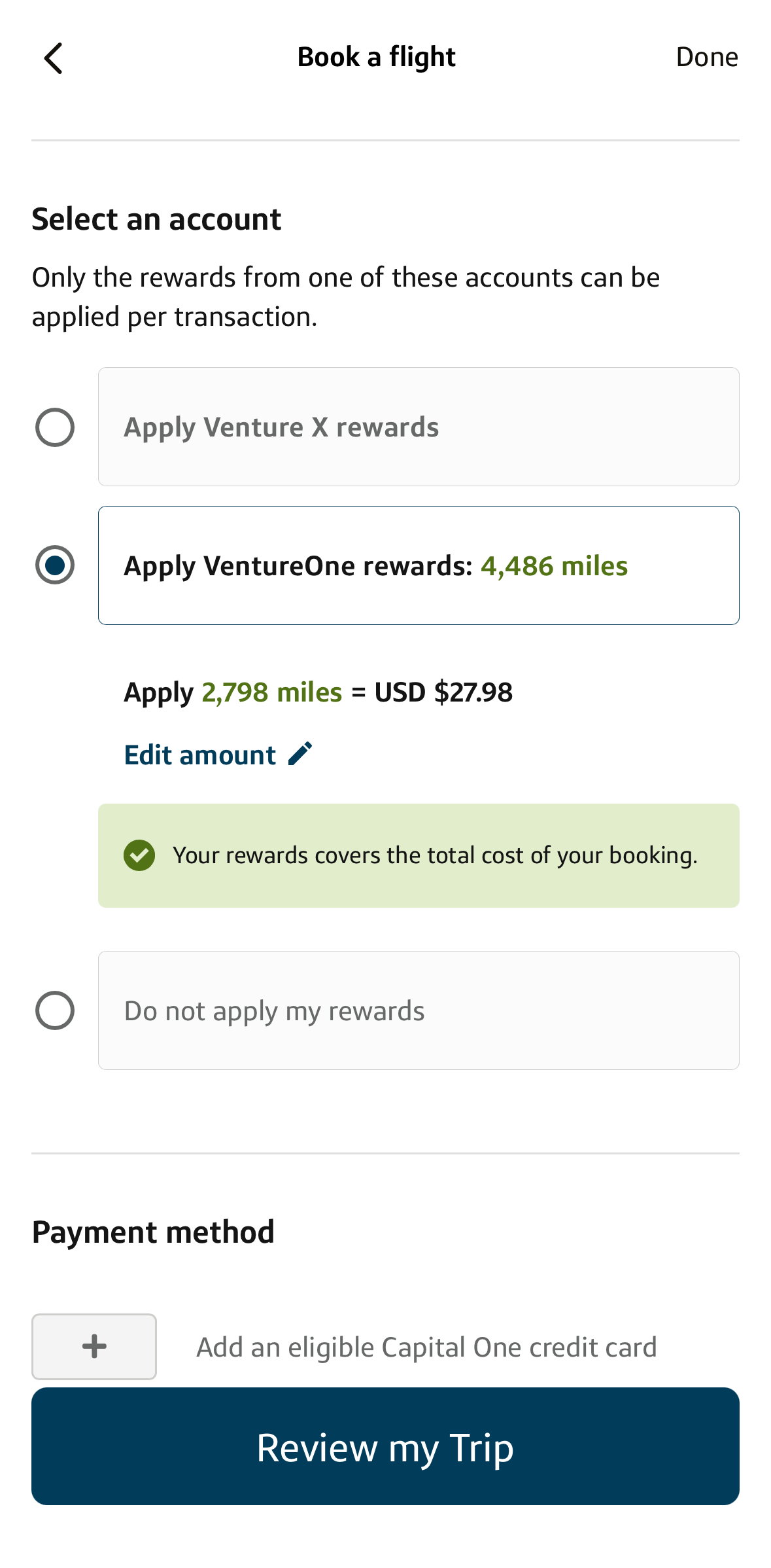 Capital One Travel App miles at booking