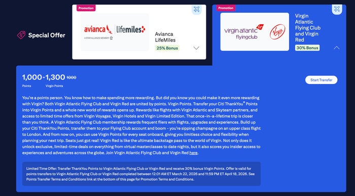 Citi transfer bonus Virgin Atlantic September 2025 Citi Virgin Atlantic Virgin Red Bonus