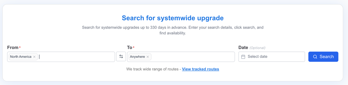 ExpertFlyer SWU Initial Search Screen