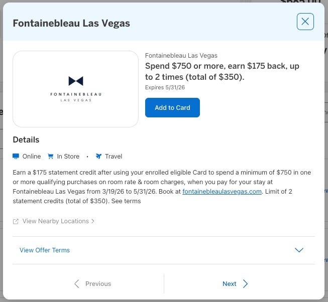 Fontaineleau Amex Offer
