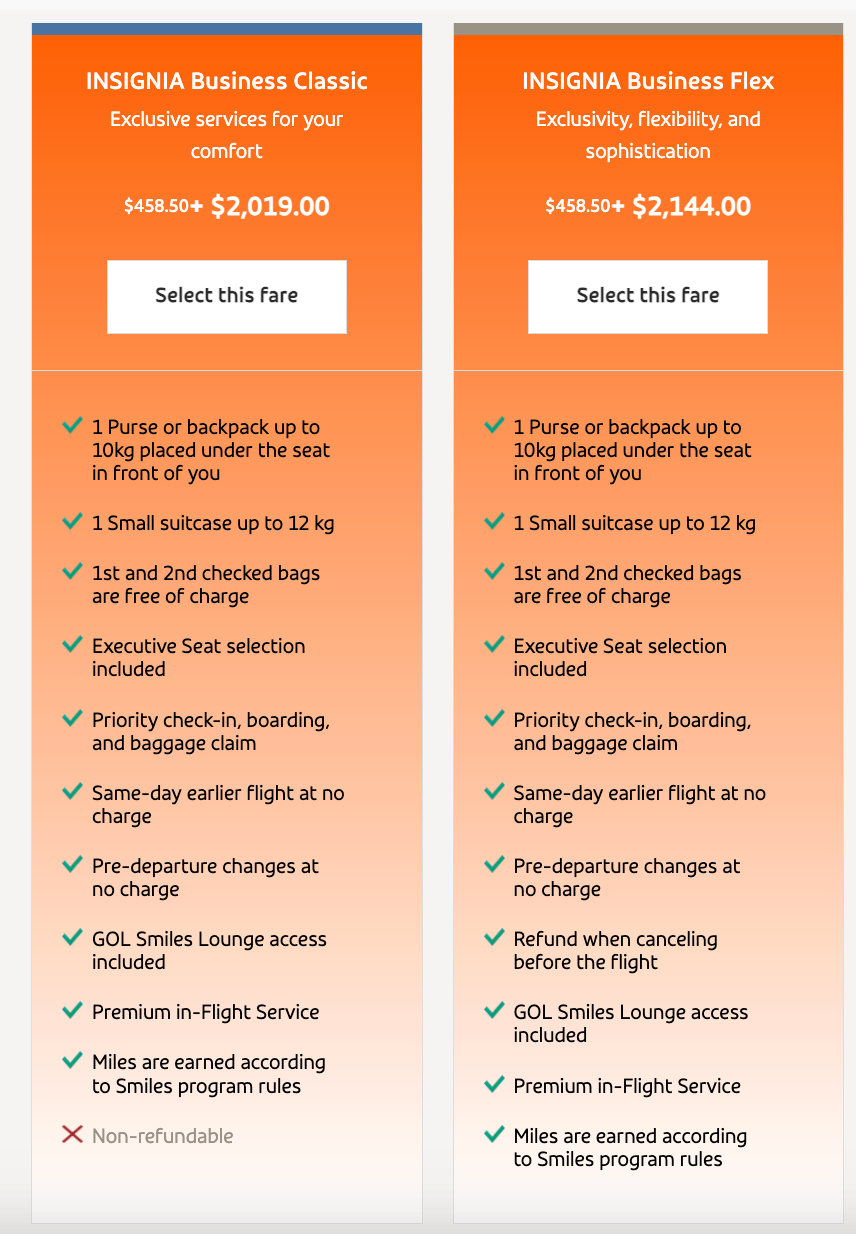 GOL business class prices