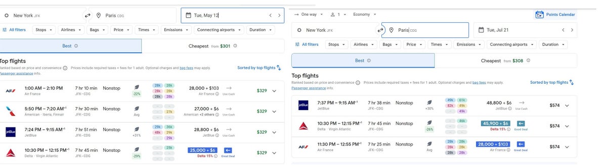 Google Flights May vs. December in New York JFK to Paris CDG