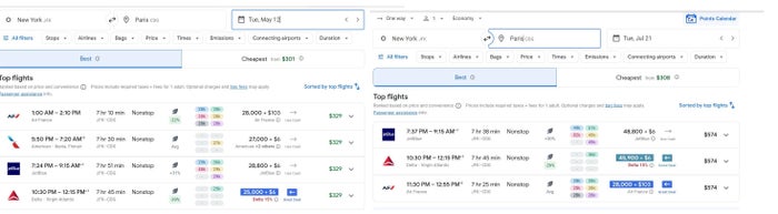 Google Flights May vs. December in New York JFK to Paris CDG Google Flights May vs. December in New York JFK to Paris CDG