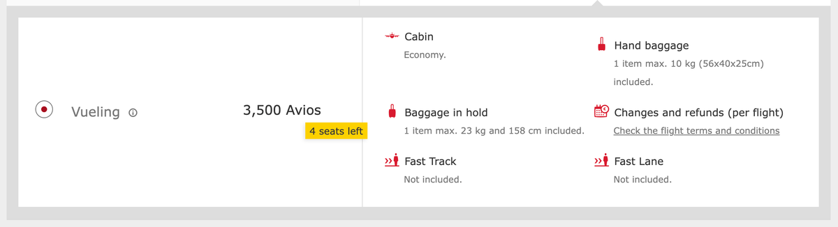 Iberia Avios cost BIO BCN on Vueling