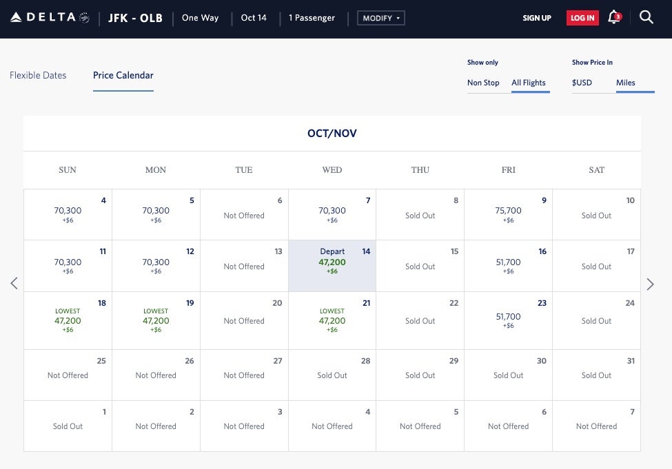 Screenshot High business class fares to Sardinia on Delta