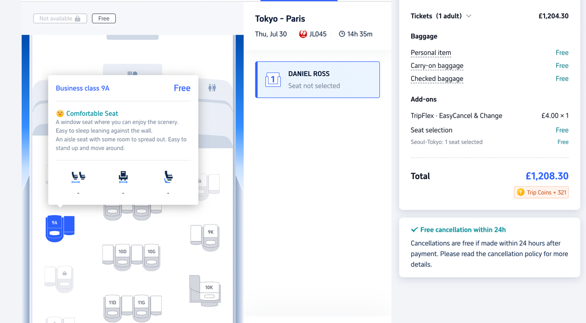 Japan Airlines seat selection via trip dot com