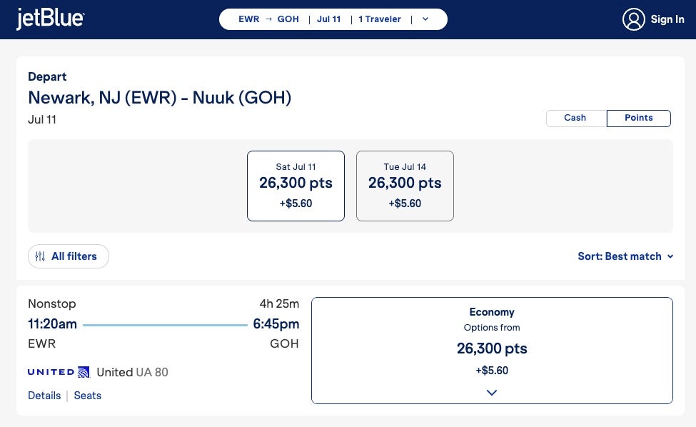 Screenshot EWR to GOH on JetBlue