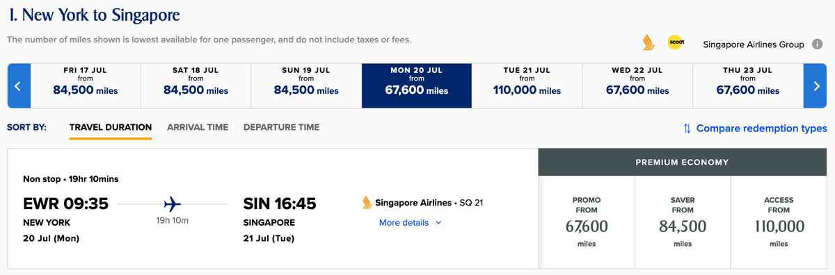 KrisFlyer redemption sale EWR SIN premium economy