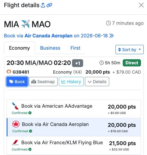 Screenshot MIA to MAO with Air Canada
